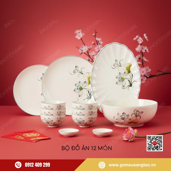 Bộ bát đĩa hoa sen xanh gốm sứ Bát Tràng làm quà Tết sang trọng và tinh tế