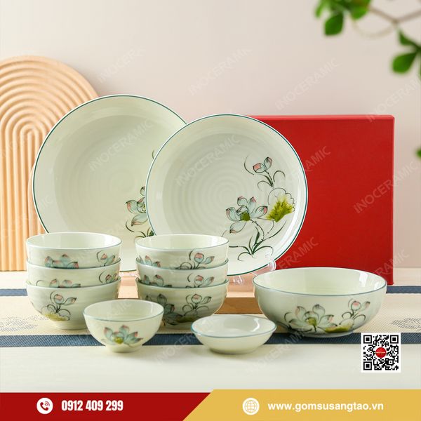 Set quà Tết bộ chén bát hoa sen xanh vẽ tay thủ công cao cấp