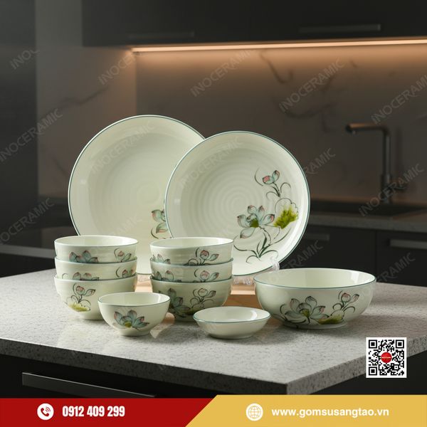 Bộ bát đĩa 12 sản phẩm hoa sen xanh Bát Tràng – quà Tết ý nghĩa cho khách hàng