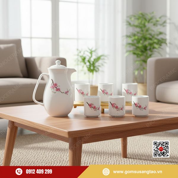 Quà Tết gốm sứ Bát Tràng – bình nước và 6 cốc hoa đào hồng