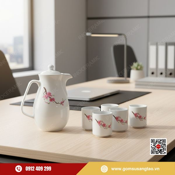 Bộ bình nước gốm sứ cao cấp in logo làm quà Tết