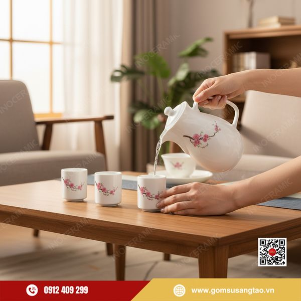 Sản phẩm gốm sứ Bát Tràng hoa đào hồng làm quà tặng