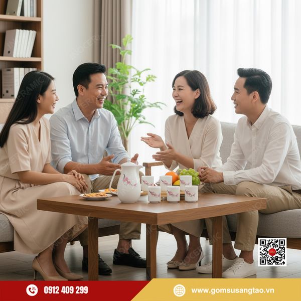 Bình nước gốm sứ và cốc in hoa đào – quà Tết công nhân