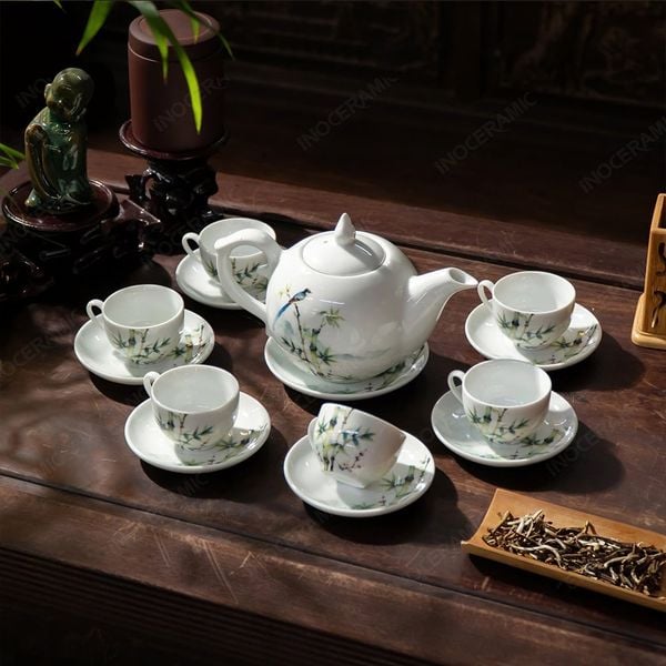 Bộ ấm chén Bát Tràng Thanh Trúc Lam Điểu cao cấp in logo quà tặng doanh nghiệp