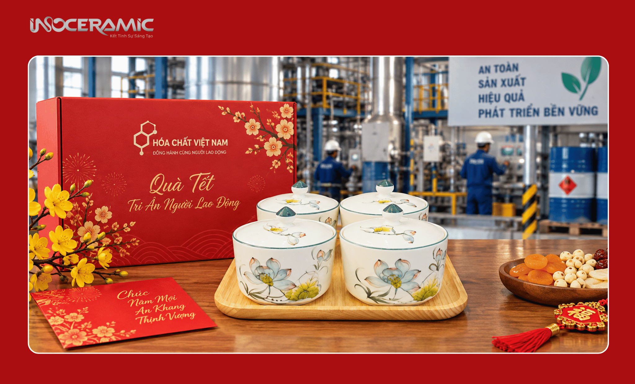 Khay mứt gốm sứ làm quà Tết cho công nhân của công ty hóa chất