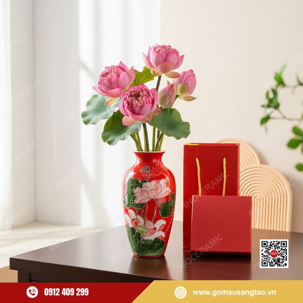 Bình hoa Tết màu đỏ họa tiết sen cát tường Bát Tràng.
