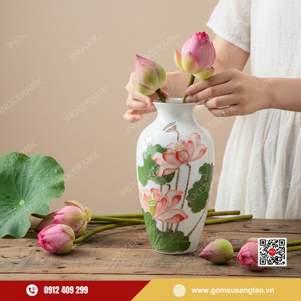 Bình hoa Tết men trắng họa tiết sen hồng sang trọng.