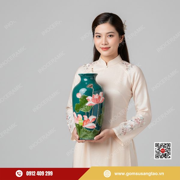Bình hoa Tết men ngọc họa tiết sen hồng cao cấp Bát Tràng.