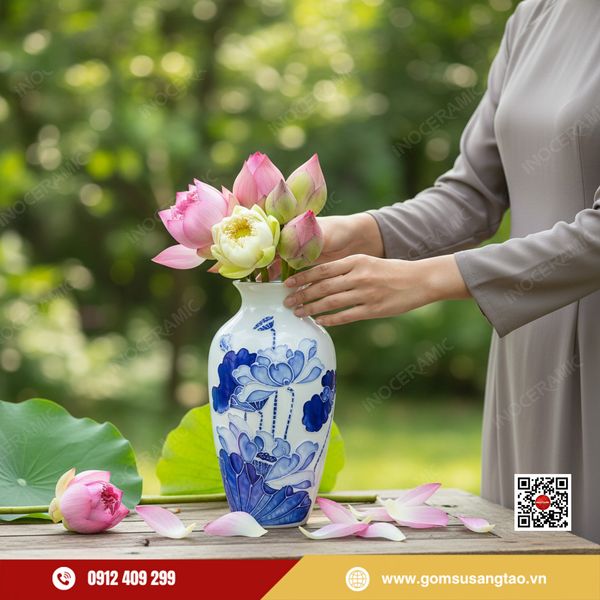 Bình hoa Tết xanh lam biểu trưng may mắn và bình an.