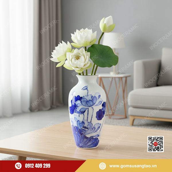 Bình hoa Tết men trắng lam họa tiết sen nổi tinh xảo.