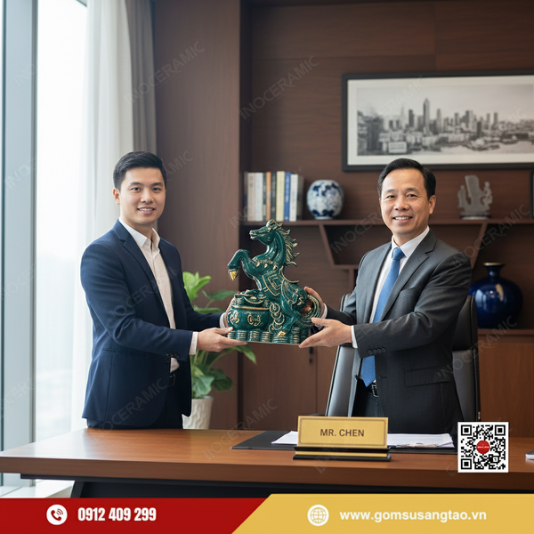 Tượng linh vật ngựa Bát Tràng cao cấp dùng trong set quà Tết cho đối tác