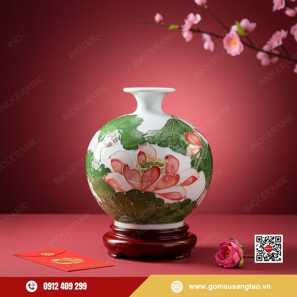 Quả hút lộc Liên Hoa Tịnh Ngọc gốm sứ Bát Tràng làm quà Tết doanh nghiệp cao cấp.