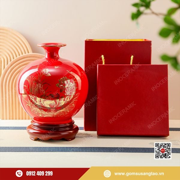 Hộp quà Tết gốm sứ Bát Tràng bình Sen Đại chiêu tài tụ lộc