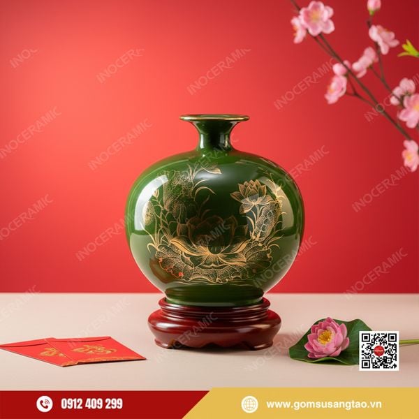 Quả hút lộc Sen Đại vẽ vàng gốm sứ Bát Tràng làm quà Tết cao cấp