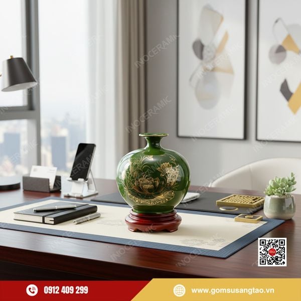 Bình hút lộc hoa sen vẽ vàng men xanh Bát Tràng sang trọng phong thủy