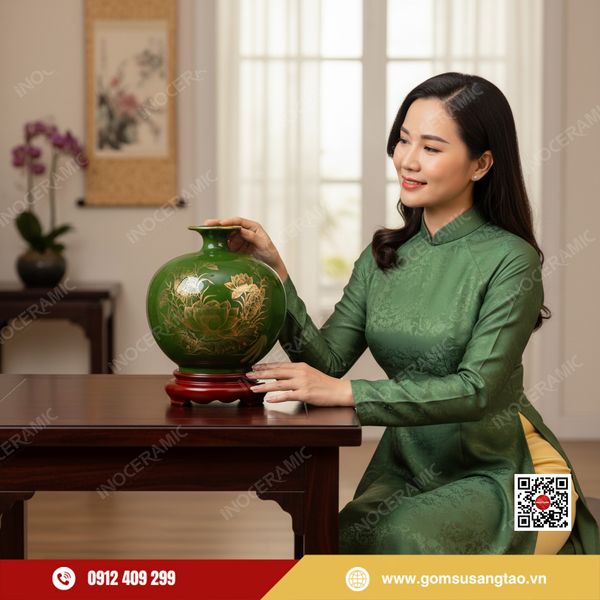 Set quà Tết bình hút lộc vẽ vàng Bát Tràng tặng khách hàng, đối tác VIP