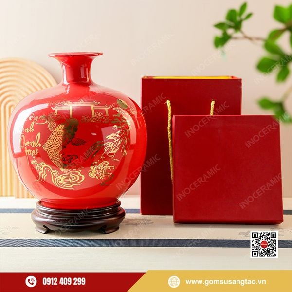 Hộp quà Tết doanh nghiệp bình hút lộc Cá Chép Vượt Vũ Môn in logo thương hiệu.