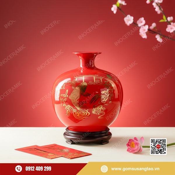 Bình hút lộc Cá Chép Vượt Vũ Môn vẽ vàng gốm sứ Bát Tràng làm quà Tết cao cấp.