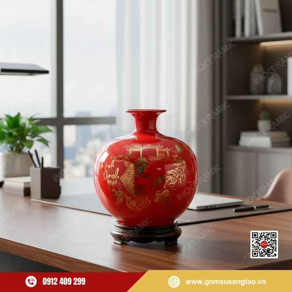 Quả hút lộc Lý Ngư Hóa Long men đỏ vẽ vàng phong thủy Bát Tràng.