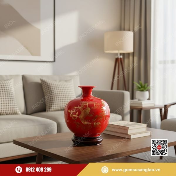 Quà Tết phong thủy gốm sứ Bát Tràng Cá Chép Vượt Vũ Môn dát vàng sang trọng.