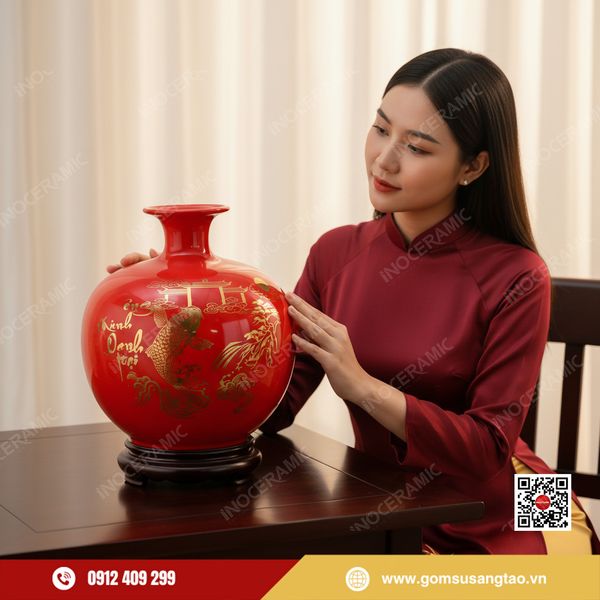 Set quà Tết cao cấp bình hút lộc Cá Chép Hóa Rồng gốm sứ Bát Tràng chính hiệu.