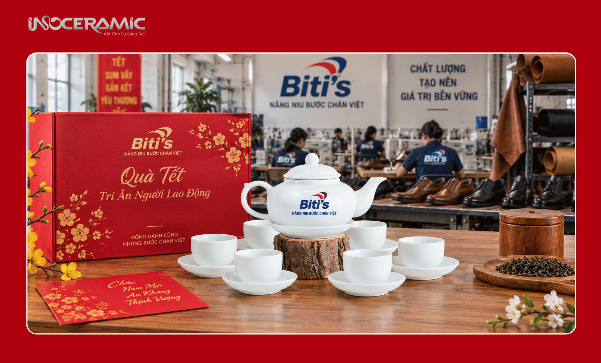 Bộ ấm chén phổ thông làm quà Tết cho công nhân của công ty da giày