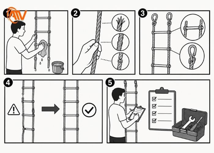 Bảo quản và kiểm tra thang dây định kỳ an toàn khi sử dụng cho người lao động gặp sự cố
