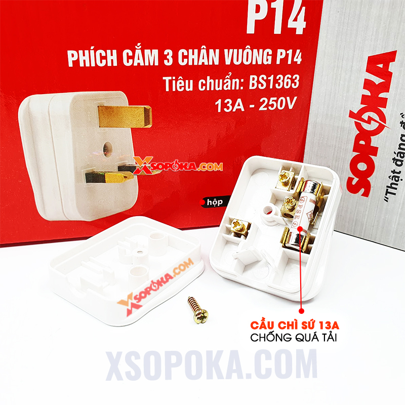 Phích Cắm 3 Chân Vuông Tiêu Chuẩn Anh BS1363 P14 SOPOKA – chịu tải 3000W, có cầu chì sứ 13A