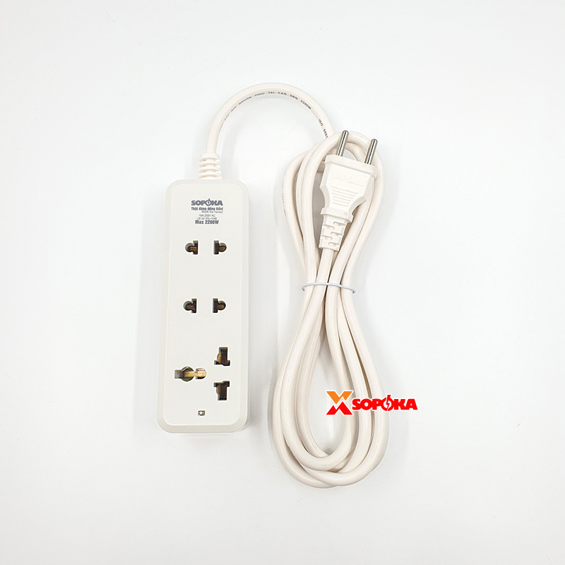 Ổ Cắm Điện 3 Lỗ 2200W Lõi Sứ Có Dây 3C2 SOPOKA – Chịu Nhiệt, Chống Cháy, Chống Vỡ