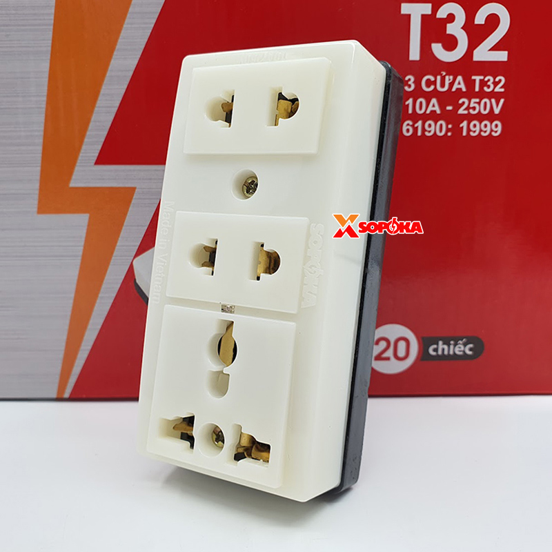 Ổ Cắm Điện SOPOKA 3 Lỗ Gắn Táp Lô T32 Chịu Nhiệt 170°C Chống Va Đập