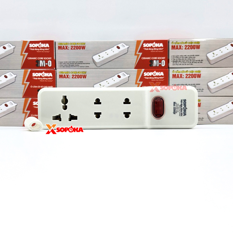 Ổ Cắm Điện 3 Lỗ 2200W Lõi Sứ Không Dây Có Công Tắc 3M-0 SOPOKA