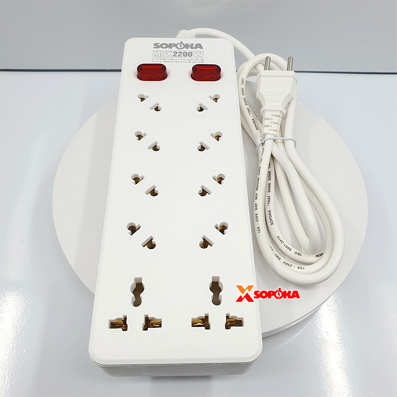 Ổ Cắm Điện 10 Lỗ Chéo Không Vướng Dây 2200W 10A 10A2/10A4/10A6 SOPOKA