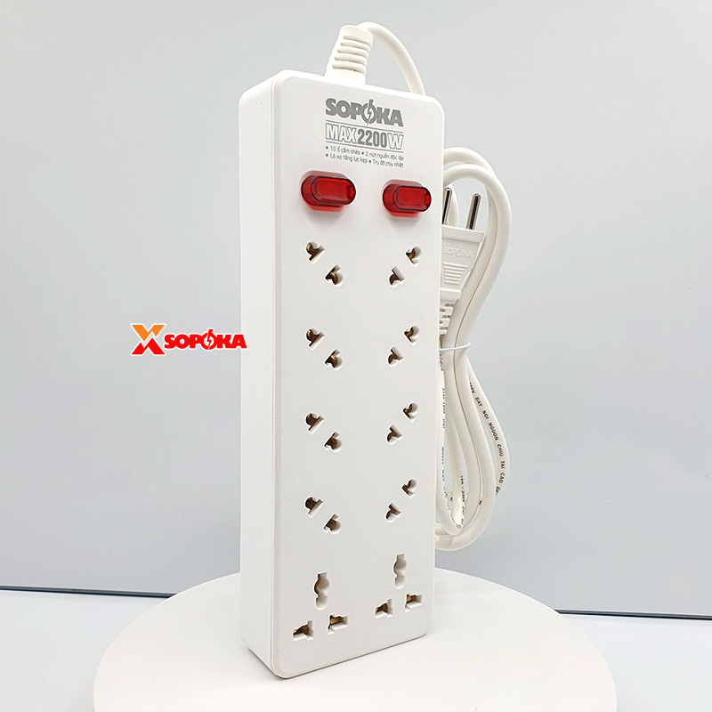 Ổ Cắm Điện 10 Lỗ Chéo Không Vướng Dây 2200W 10A 10A2/10A4/10A6 SOPOKA