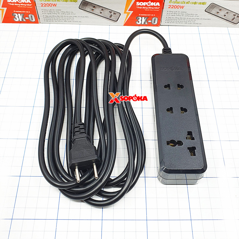 Ổ Cắm Điện 3 Lỗ 2200W Lõi Sứ Chịu Nhiệt Màu Đen 3K SOPOKA