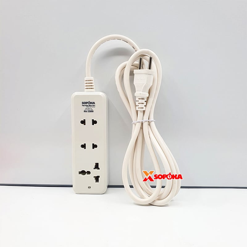 Ổ Cắm Điện 3 Lỗ 2200W Lõi Sứ Có Dây 3C2 SOPOKA – Chịu Nhiệt, Chống Cháy, Chống Vỡ