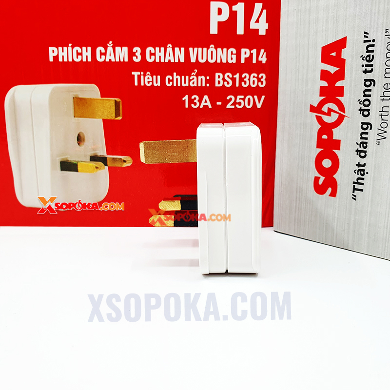 Phích Cắm 3 Chân Vuông Tiêu Chuẩn Anh BS1363 P14 SOPOKA – chịu tải 3000W, có cầu chì sứ 13A