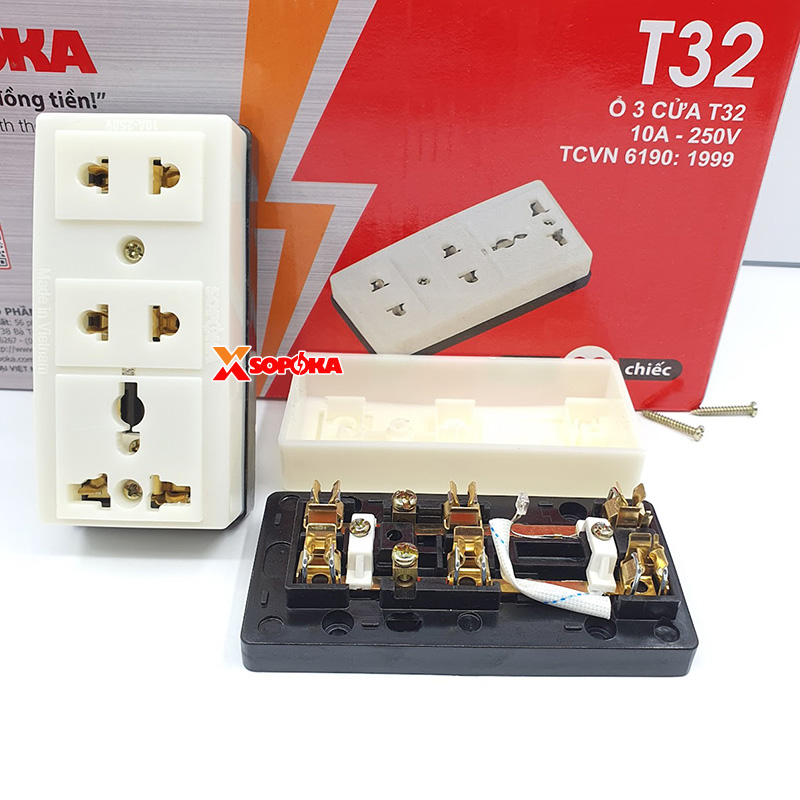 Ổ Cắm Điện SOPOKA 3 Lỗ Gắn Táp Lô T32 Chịu Nhiệt 170°C Chống Va Đập