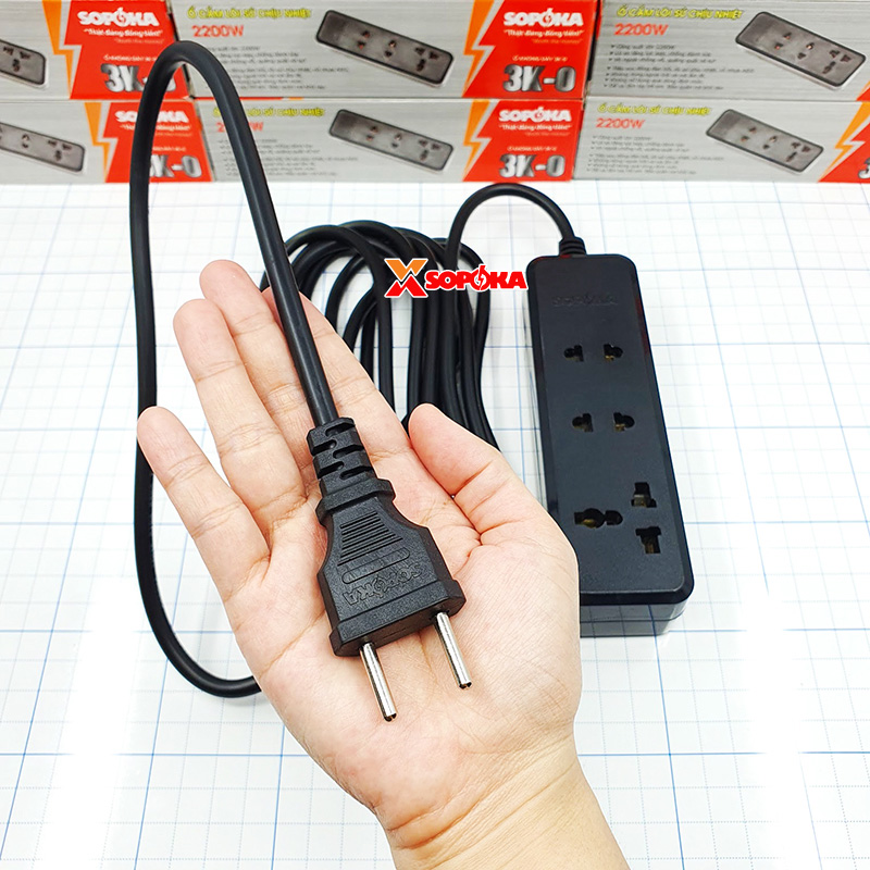 Ổ Cắm Điện 3 Lỗ 2200W Lõi Sứ Chịu Nhiệt Màu Đen 3K SOPOKA