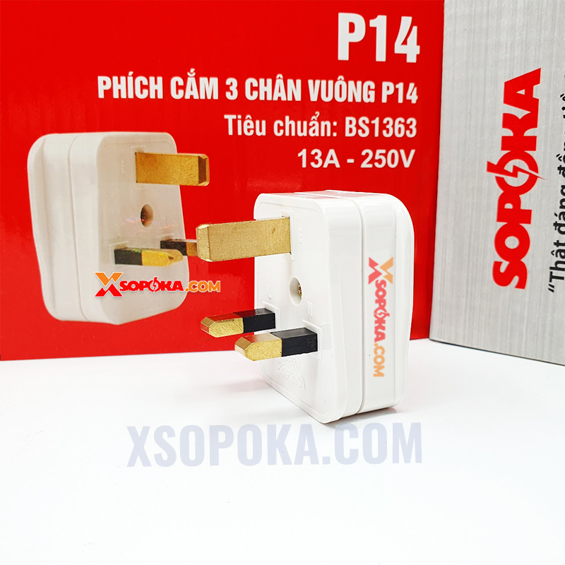 Phích Cắm 3 Chân Vuông Tiêu Chuẩn Anh BS1363 P14 SOPOKA – chịu tải 3000W, có cầu chì sứ 13A