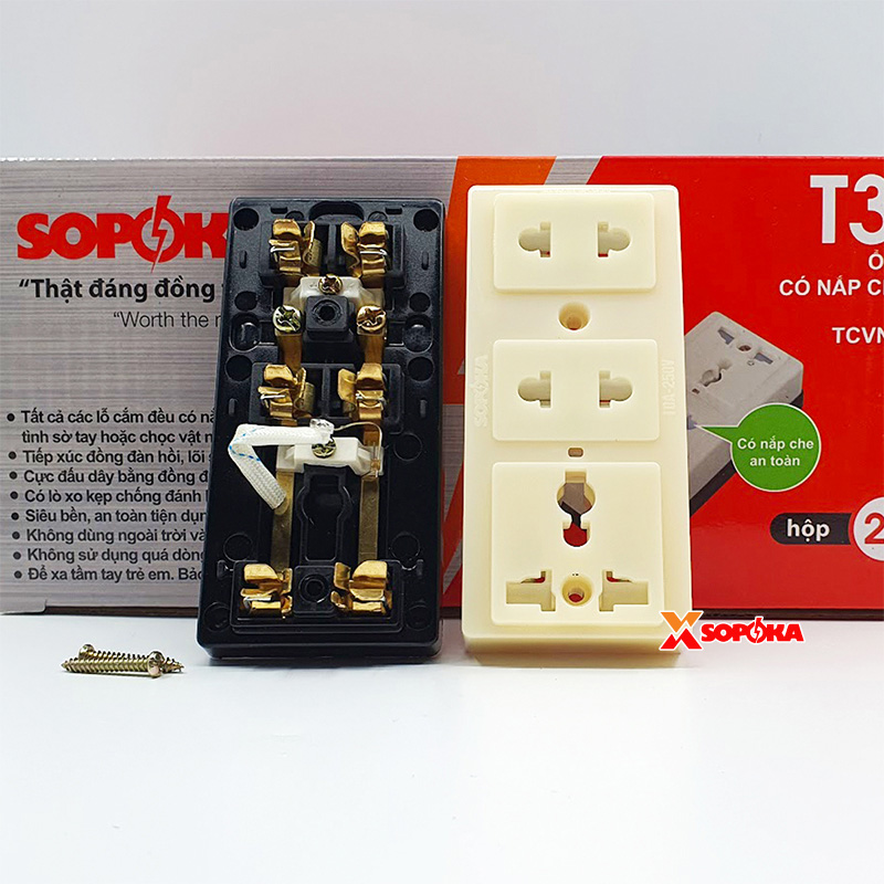 Ổ Cắm Điện 3 Lỗ Gắn Táp Lô SOPOKA T32N Có Nắp Che An Toàn 2200W