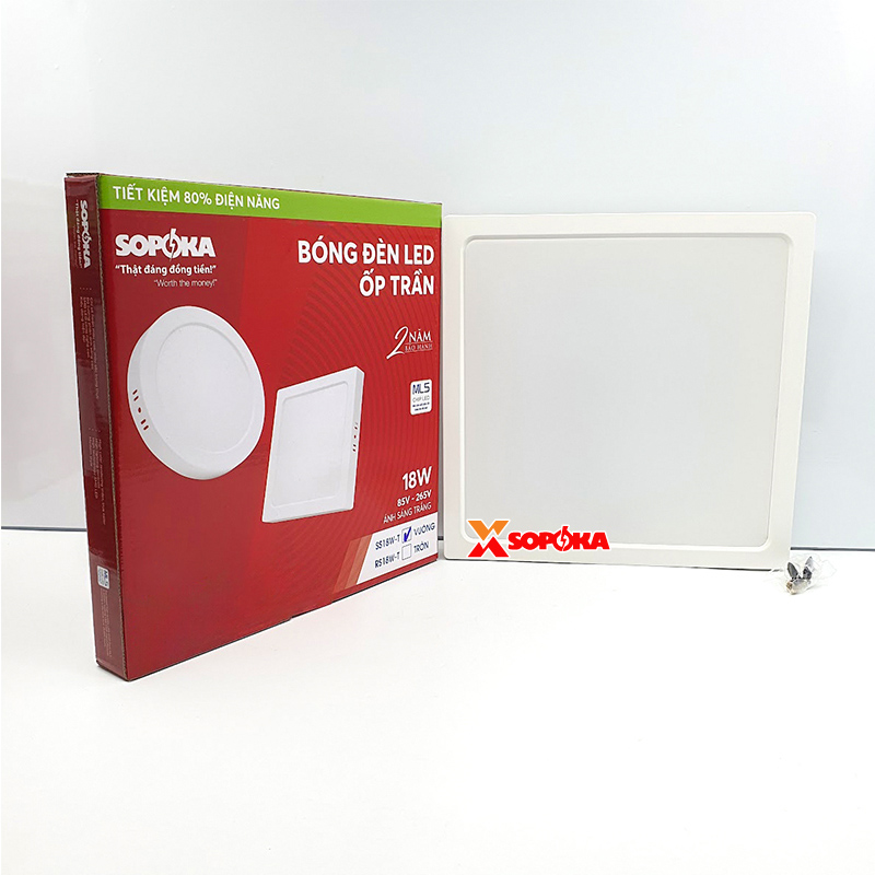 Bóng Đèn LED SS18W Ốp Trần Vuông 18 W Sáng Trắng Vành Nhựa SOPOKA