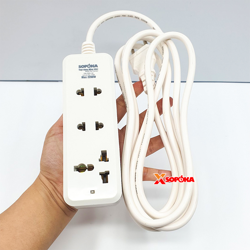 Ổ Cắm Điện 3 Lỗ 2200W Lõi Sứ Có Dây 3C2 SOPOKA – Chịu Nhiệt, Chống Cháy, Chống Vỡ