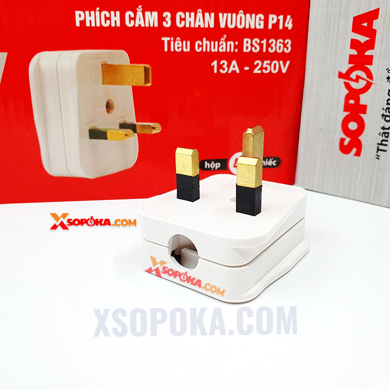 Phích Cắm 3 Chân Vuông Tiêu Chuẩn Anh BS1363 P14 SOPOKA – chịu tải 3000W, có cầu chì sứ 13A