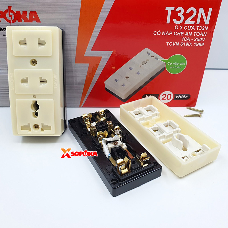 Ổ Cắm Điện 3 Lỗ Gắn Táp Lô SOPOKA T32N Có Nắp Che An Toàn 2200W