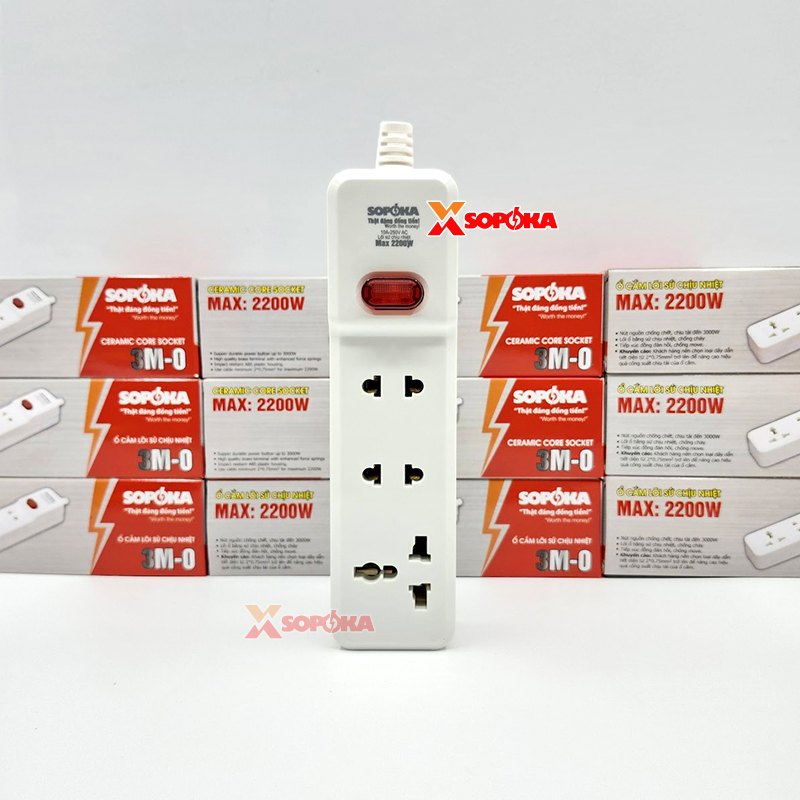 Ổ Cắm Điện 3 Lỗ 2200W Lõi Sứ Không Dây Có Công Tắc 3M-0 SOPOKA