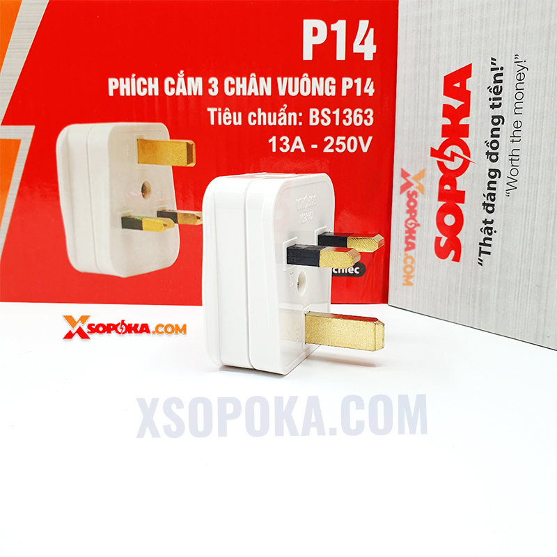 Phích Cắm 3 Chân Vuông Tiêu Chuẩn Anh BS1363 P14 SOPOKA – chịu tải 3000W, có cầu chì sứ 13A