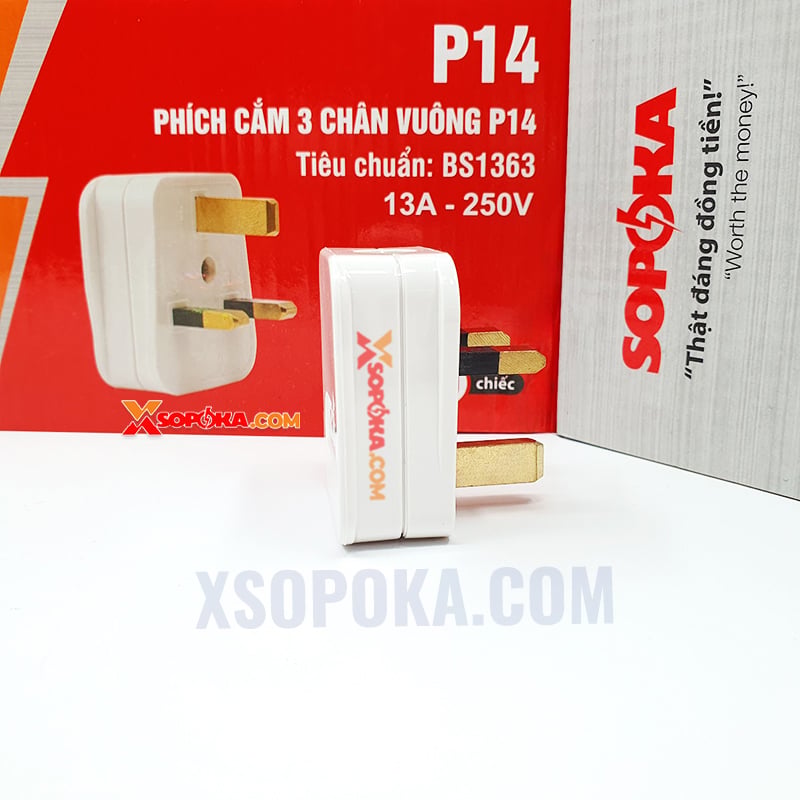 Phích Cắm 3 Chân Vuông Tiêu Chuẩn Anh BS1363 P14 SOPOKA – chịu tải 3000W, có cầu chì sứ 13A