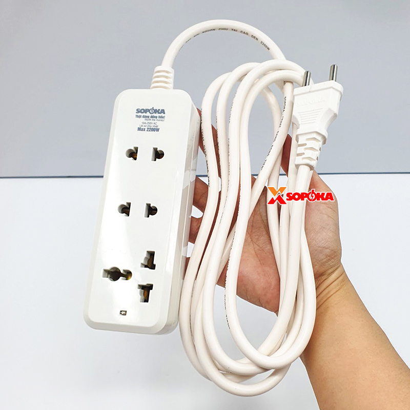 Ổ Cắm Điện 3 Lỗ 2200W Lõi Sứ Có Dây 3C2 SOPOKA – Chịu Nhiệt, Chống Cháy, Chống Vỡ