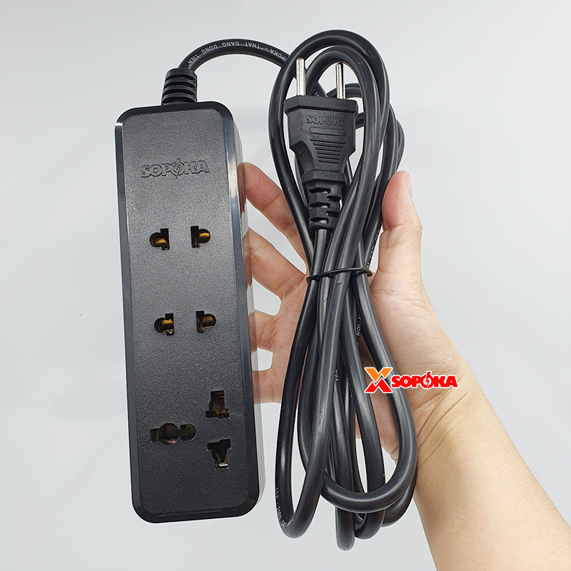 Ổ Cắm Điện 3 Lỗ 2200W Lõi Sứ Chịu Nhiệt Màu Đen 3K SOPOKA