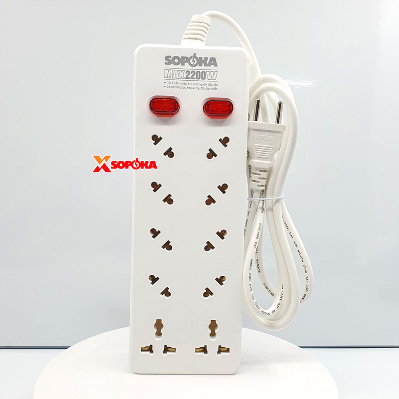 Ổ Cắm Điện 10 Lỗ Chéo Không Vướng Dây 2200W 10A 10A2/10A4/10A6 SOPOKA